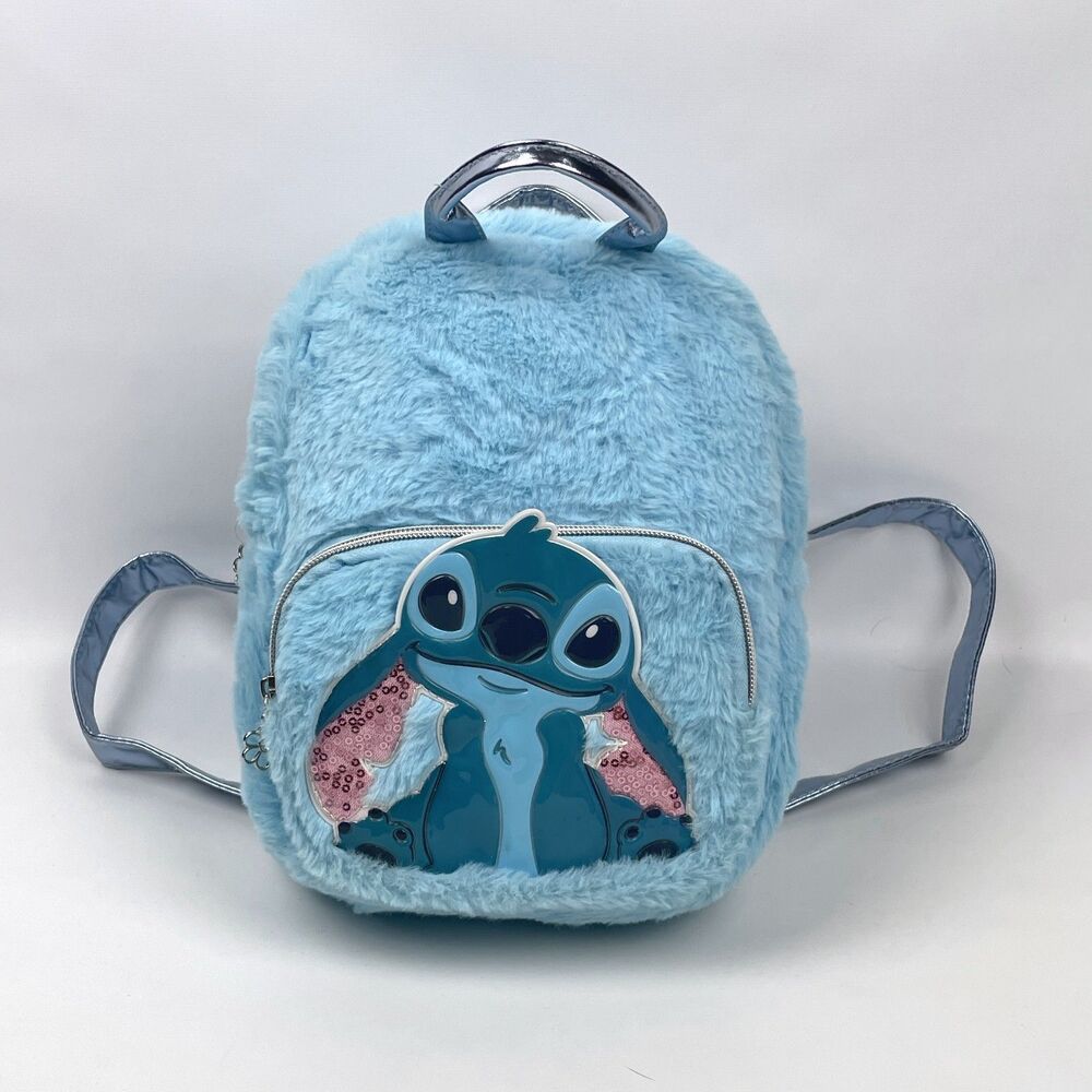 Disney Lilo & Stitch Faux Fur Mini Backpack Blue Fuzzy Sequin Bag EUC